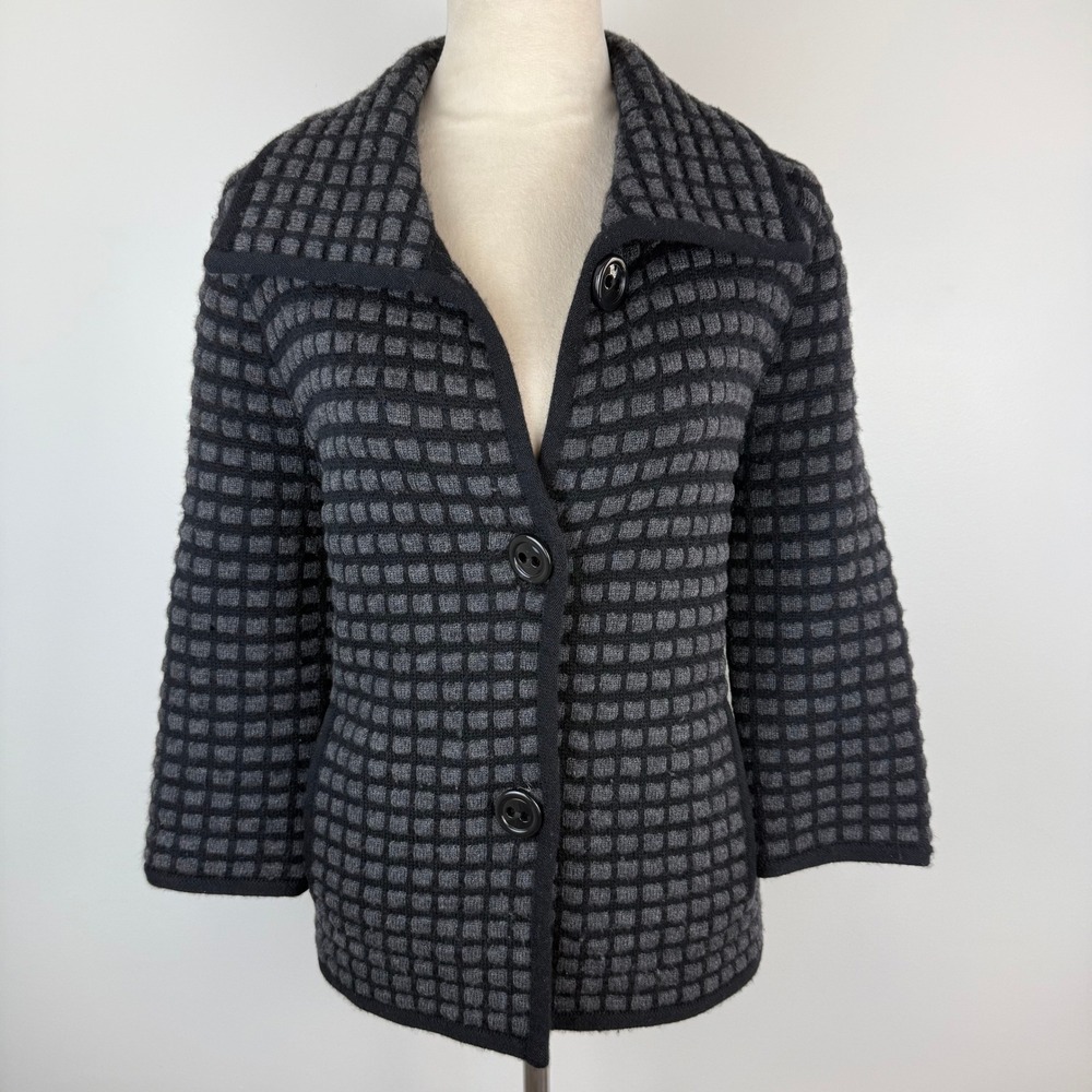 Jones New York Signature Womens Merino Wool Waffle Knit Jacket Grey Black Sz Med